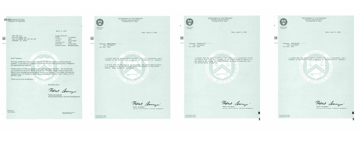 Samples of U.S. Residency Certifications – Form 6166